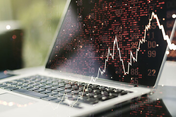 Double exposure of abstract creative financial diagram with world map on computer background, banking and accounting concept