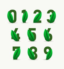 Ecology number set with green leaf. Vector font for nature posters, eco friendly emblem, vegan identity, herbal and botanical cards etc.