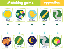 Matching Game. Educational Children Activity. Match Opposites. Activity For Pre Scholl Years Kids And Toddlers