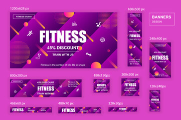 Aufkleber - Collection web banners different sizes for mobile and social networks, skyscraper ad, side banner, mobile leaderboard, half page ad, billboard. Bundle banners for product promo, fitness club, GYM.