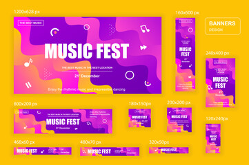 Poster - Collection web banners different sizes for mobile and social networks, skyscraper ad, side banner, mobile leaderboard, half page ad, billboard. Bundle banners for product promo, music fest.