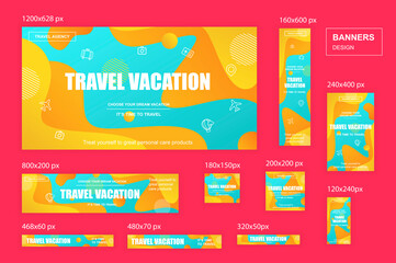 Poster - Collection web banners different sizes for mobile and social networks, skyscraper ad, side banner, mobile leaderboard, half page ad, billboard. Bundle banners for product promo, travel agency.