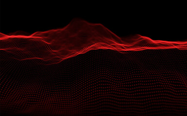 Abstract red particle background. Flow wave with dot landscape. Digital data structure. Future mesh or sound grid. Pattern point visualization. Technology vector illustration.