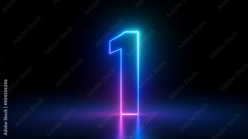 3d render, number one glowing in the dark, pink blue neon light - obrazy, fototapety, plakaty 