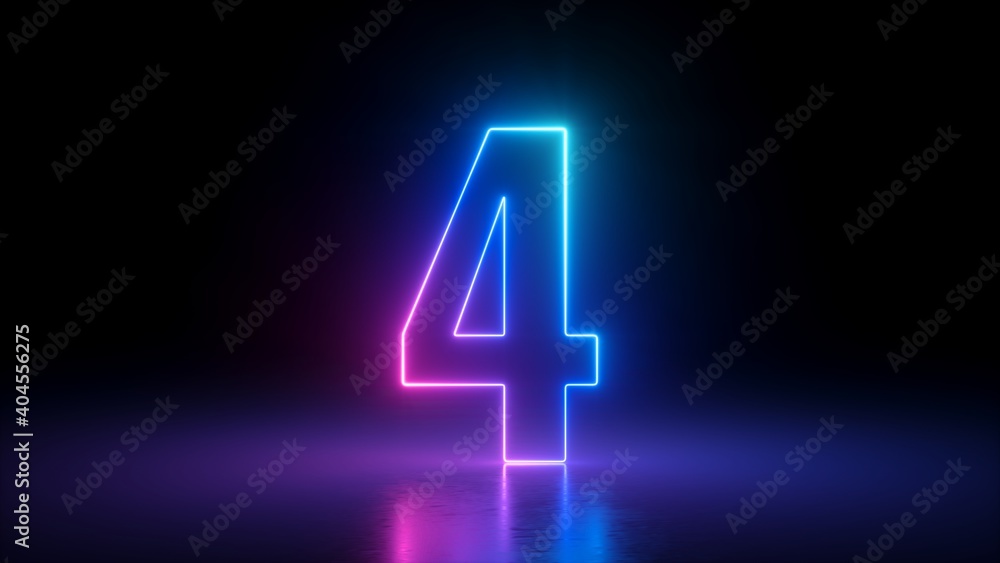 3d render, number four glowing in the dark, pink blue neon light - obrazy, fototapety, plakaty 