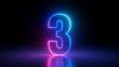 3d render, number three glowing in the dark, pink blue neon light