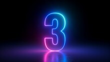 3d Render, Number Three Glowing In The Dark, Pink Blue Neon Light