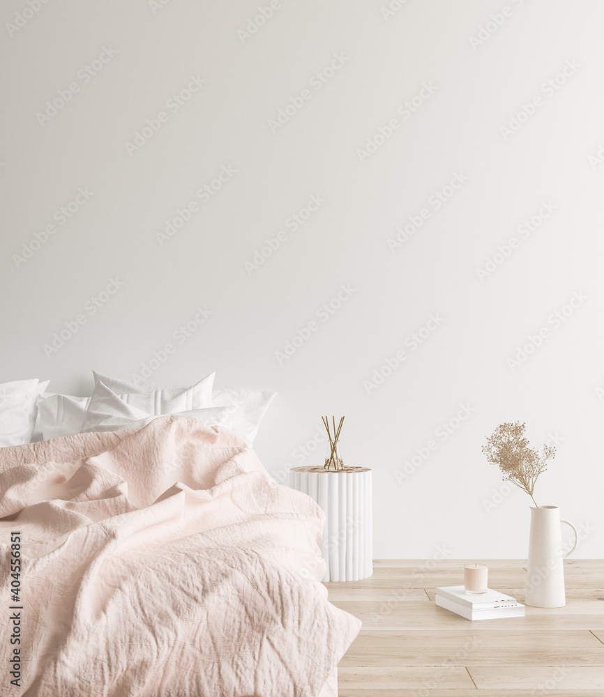Minimalist modern bedroom interior background, Scandinavian style, 3D render - obrazy, fototapety, plakaty 