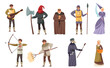 Medieval People Characters with Minstrel Holding Lute, Headsman and Monk Vector Illustration Set