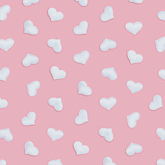 Poster - Pattern from white hearts, symbols of love on pink fon. Holiday background for Valentines Day. Love concept. Plain colored. Minimal style.