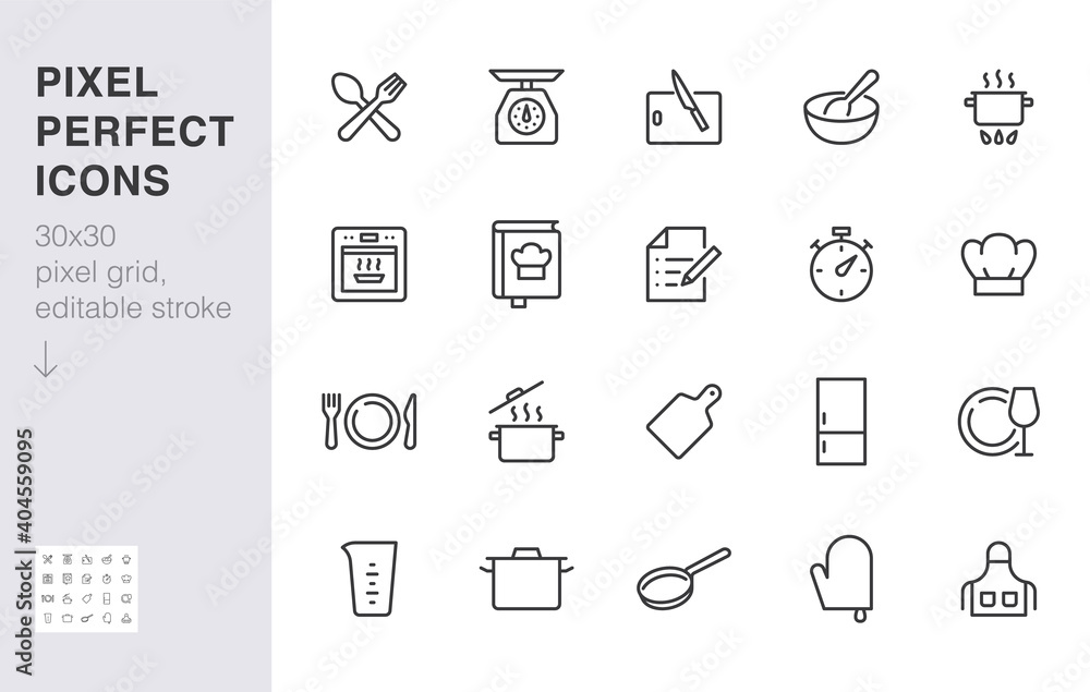 Cooking line icon set. Kitchen tools - pan, pot, dinner utensil, cookbook, chef hat minimal vector illustration. Simple outline sign of food recipe instruction. 30x30 Pixel Perfect, Editable Stroke - obrazy, fototapety, plakaty 