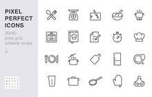Cooking Line Icon Set. Kitchen Tools - Pan, Pot, Dinner Utensil, Cookbook, Chef Hat Minimal Vector Illustration. Simple Outline Sign Of Food Recipe Instruction. 30x30 Pixel Perfect, Editable Stroke