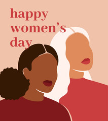 International Women's day with Two diverse multiethnic women. Black and white girls stand side by side. Sisterhood and females friendship. Vector illustration