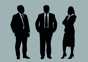 Wall Mural - Business people group silhouettes pose on grey colour background, flat line vector and illustration.