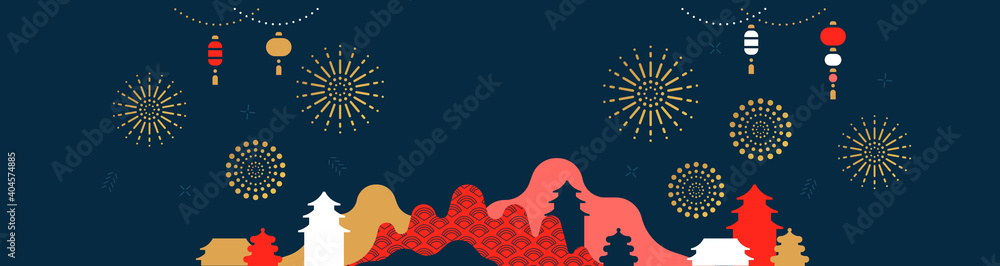 Chinese city background with gold firework sky - obrazy, fototapety, plakaty 