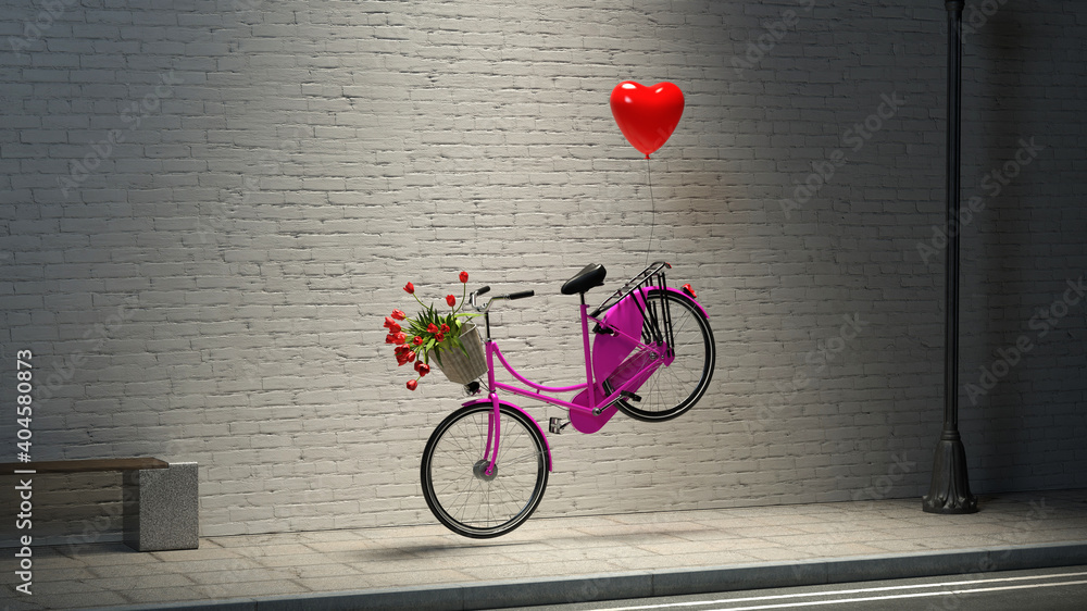 Liebe zum Valentinstag mit Ballon als Herz am Fahrrad - obrazy, fototapety, plakaty 