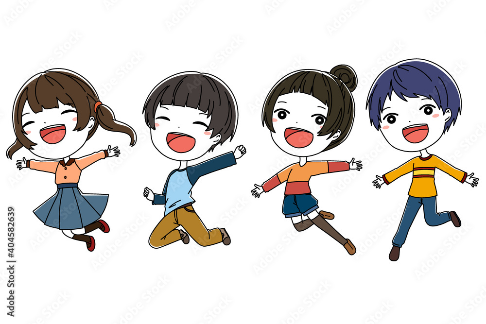 Fotomural ジャンプしている笑顔の女の子と男の子のイラスト Ref Fotomural ジャンプしている笑顔の女の子と男の子のイラスト Ref
