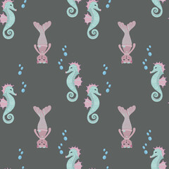  Seamless pattern sea mermaid cat and fancy seahorse on gray background