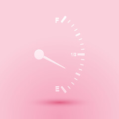 Paper cut Motor gas gauge icon isolated on pink background. Empty fuel meter. Full tank indication. Paper art style. Vector.