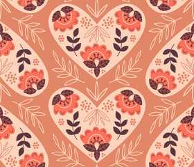 Folk art floral heart seamless vector pattern. Boho ethnic hearty motif ornament. Cozy rural romantic design