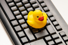 Yellow Duck On The Black Keyboard, Rubber Ducky Day,  Rubber Duck Debugging