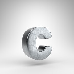 Letter C lowercase on white background. Gun metal 3D rendered font with rough metal texture.