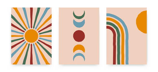Wall Mural - abstract sun moon posters. contemporary backgrounds, boho covers for kids. mid century wall decor, v