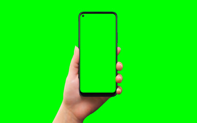 Poster - Phone in woman hand isolated in chroma key green