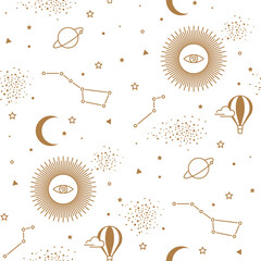 Seamless pattern with sun, planets, stars, constellations. Set of gold space elements on a sparkle white background in boho style. Astrological symbols.