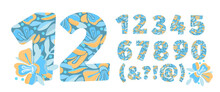 Vector Flower Numbers From 0 To 9. Botanical Character, Figure. Yellow, Blue Color Flowers In The Shape Of A Bold Number. Garden Flowers With Branches And Leaves.