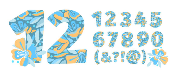 Wall Mural - Vector flower numbers from 0 to 9. Botanical character, figure. Yellow, blue color flowers in the shape of a bold number. Garden flowers with branches and leaves.