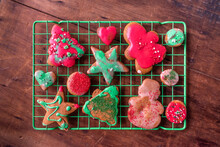 Colorful Kid Decorated Christmas Gingerbread Cookies With Sprinkles Flat Lay