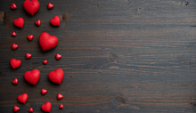 Valentines Day Wooden Background With Red Hearts