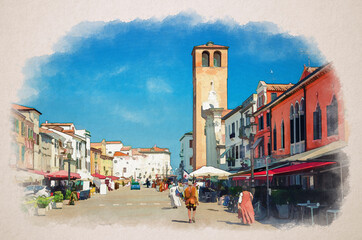 Wall Mural - Watercolor drawing of Chioggia: people actors take part in film shooting, mass scene movie making in street of historical town centre