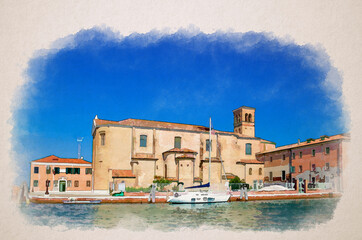 Wall Mural - Watercolor drawing of Saint Domenico catholic church Chiesa di San Domenico and white yacht near island in lagoon, Chioggia town