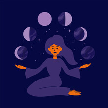Girl Holding Moon Phases In Hands. Female Nature, Cyclicity, Menstrual Cycle. Womens Health, Life Energy. Modern Witch Woman. Stars, Crescent Moon On Night Sky. Vector Illustration For Calendar, Card