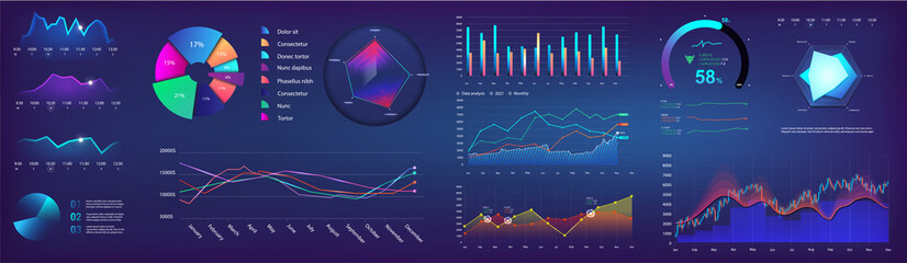 Wall Mural - UI elements infographic, dashboard template with graph, charts and diagrams elements. Modern futuristic neon graphic infocharts. Dashboard mockup UI, UX, KIT. Graphics and infographics set. Vector
