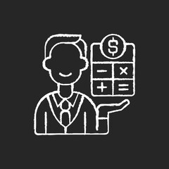 Sticker - Bookkeeper chalk white icon on black background. Responsible person for recording and maintaining all business and company financial transactions. Isolated vector chalkboard illustration