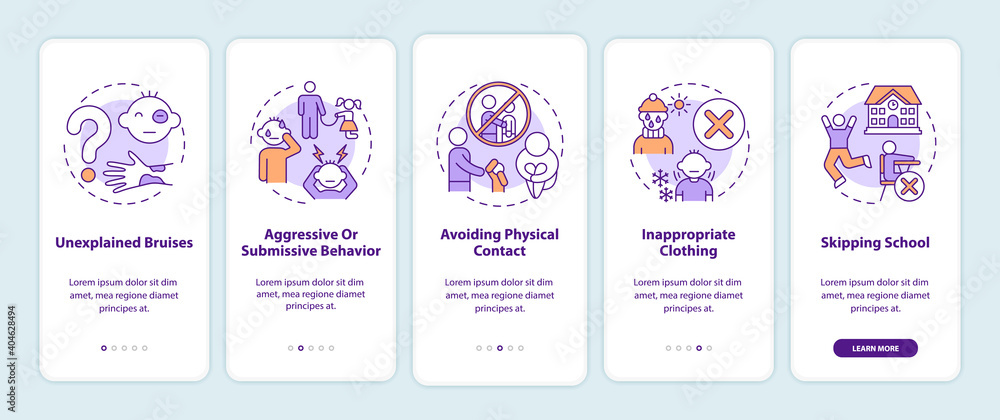 Signs of child abuse and neglect onboarding mobile app page screen with ...