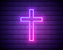 Neon Illumination Of The Cross. The Bright Advertisement Of The Cross. Modern Vector Logo, Banner, Shield, Drawing Of Christianity. Night Advertising On The Background Of A Brick Wall.