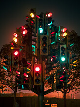 Lots Of Traffic Lights In The Shape Of A Tree. Taken At Night, Confusion, Festive, Xmas