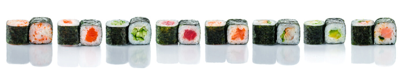 Wall Mural - Sushi maki isolated on white background for menu. Creative layout made of sushi. Food concept. Macro concept.