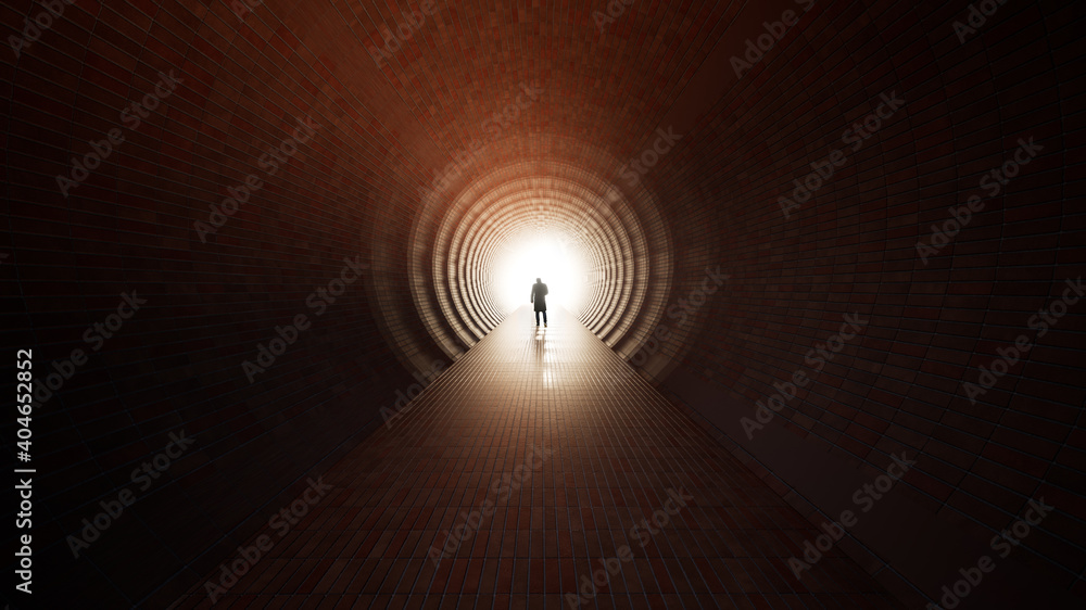 Concept or conceptual dark tunnel with a bright light at the end or exit as metaphor to success, faith, future or hope, a black silhouette of walking man to new opportunity or freedom 3d illustration - obrazy, fototapety, plakaty 