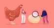 Tiny Male Female Characters at Huge Hen with Magnifier Solve Paradox Which Came First Chicken or Egg. Causality Dilemma