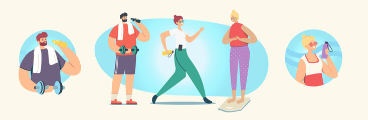 Wall Mural - Set of People Doing Sport, Exercising, Sport Activity, Male and Female Characters in Sports Wear Workout with Weight