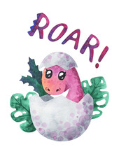 A Pink Baby Dinosaur Has Hatched From An Egg And Is Growling. Cartoon Dinosaur In A Shell. Children's Watercolor Illustration Isolated On A White Background. Cute Character For Decor, Prints 