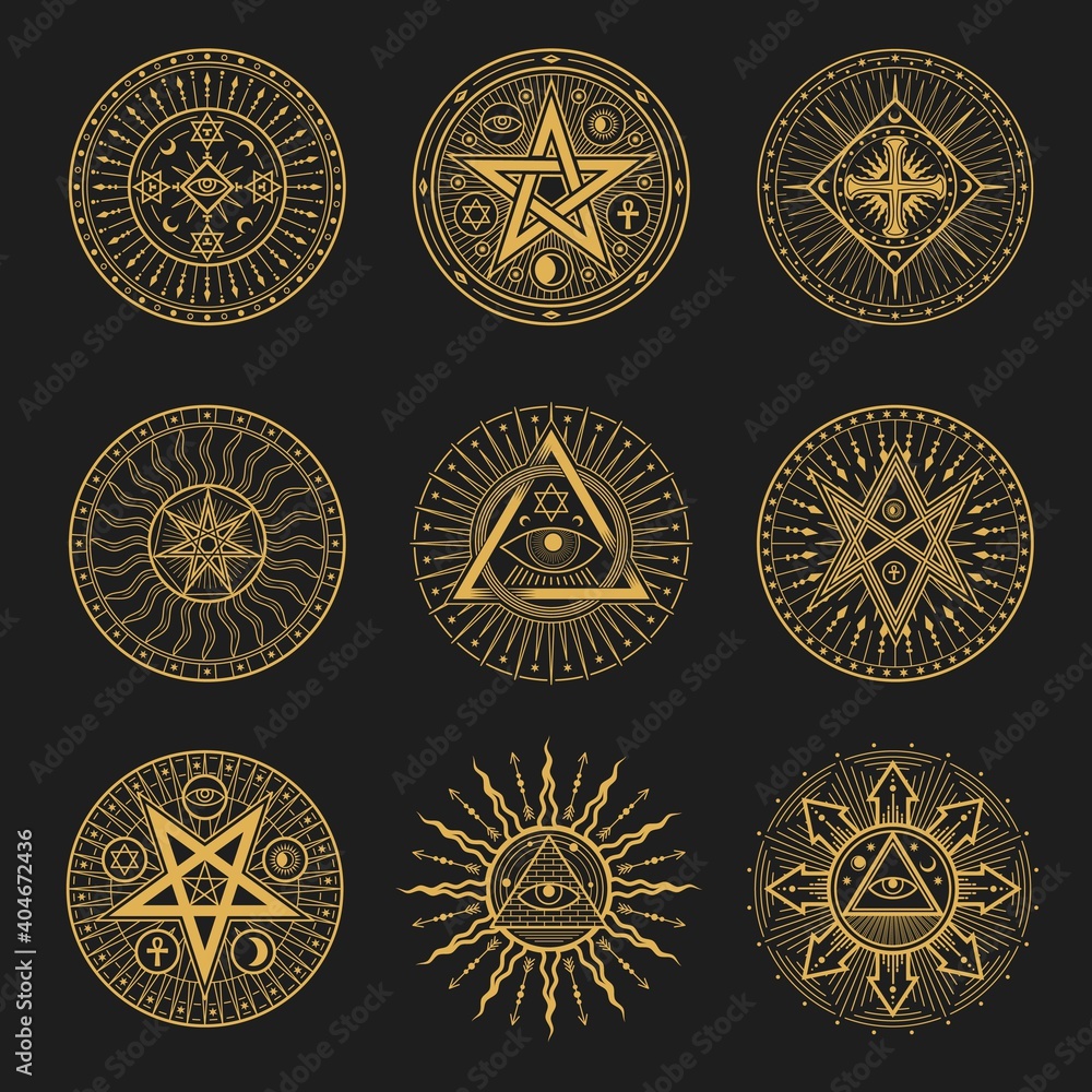 Occult signs, occultism, alchemy and astrology symbols. Vector sacred religion mystic emblems magic eye, masonry pyramid, egyptian ankh cross, sun or moon with rays, pentagrams esoteric icons set - obrazy, fototapety, plakaty 