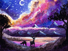 Magical Landscape Watercolor With Bright Pink Sky, Trees, Deer And Mountains . Watercolor Illustration On Dark Background. Landscape , An Illustration For Postcards, Posters, Textile Design And Other.