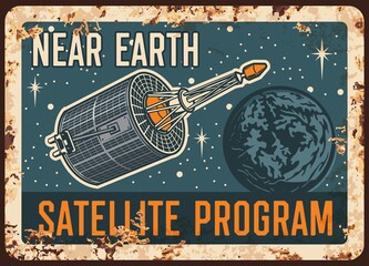 Wall Mural - near earth satellite program vector rusty metal plate, international orbital space station orbiting 