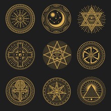 Occult Signs, Occultism, Alchemy And Astrology Symbols. Vector Sacred Religion Mystic Emblems Magic Eye, Masonry Pyramid, Swastika, Sun Or Moon, Constellation, Pentagram, Egypt Ankh Esoteric Icons Set